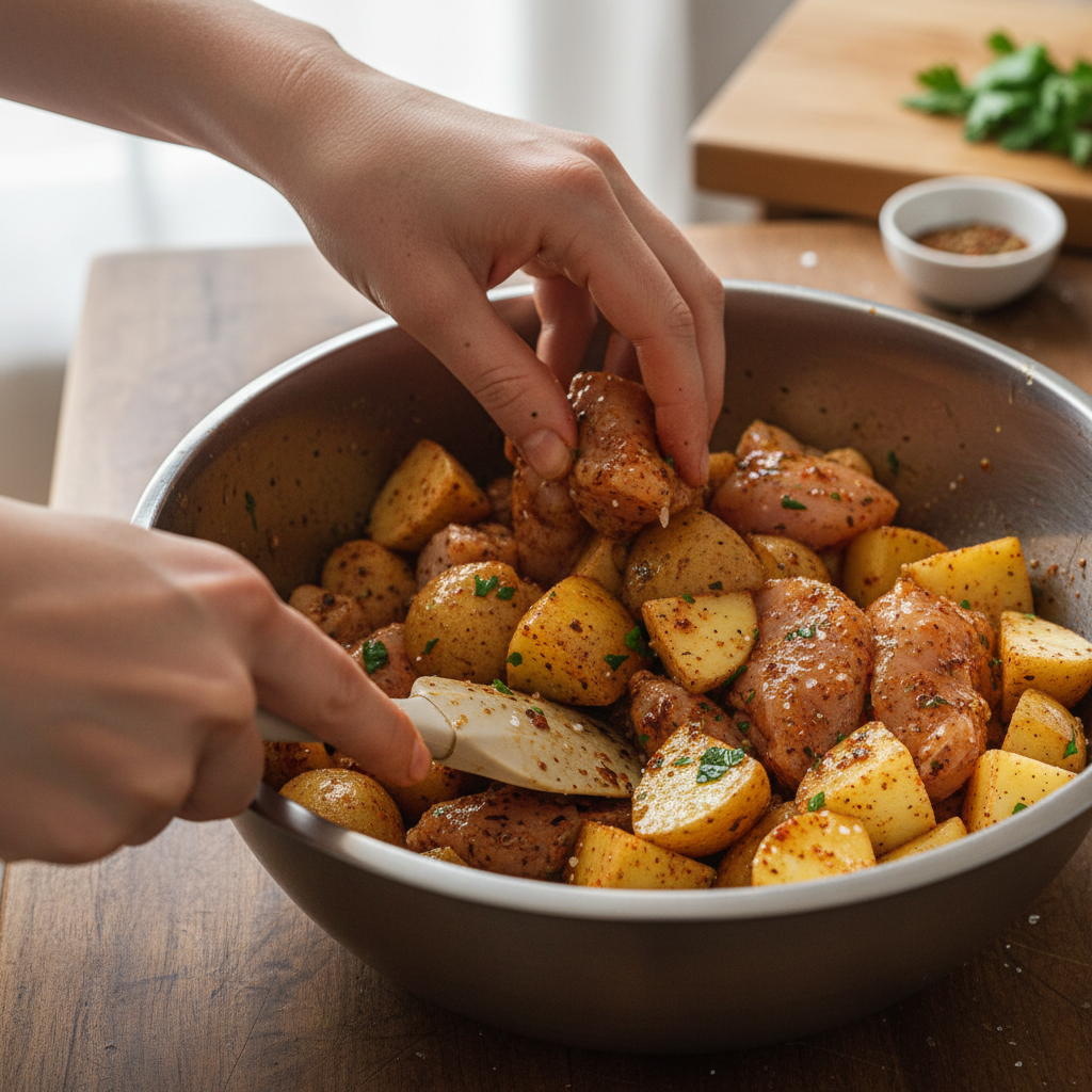 Chicken coated with flour and seasoning before searing