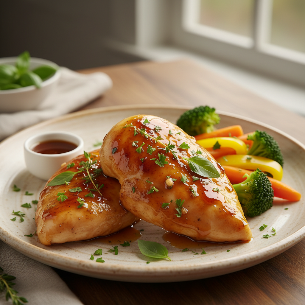 Honey garlic chicken served with jasmine rice and steamed broccoli