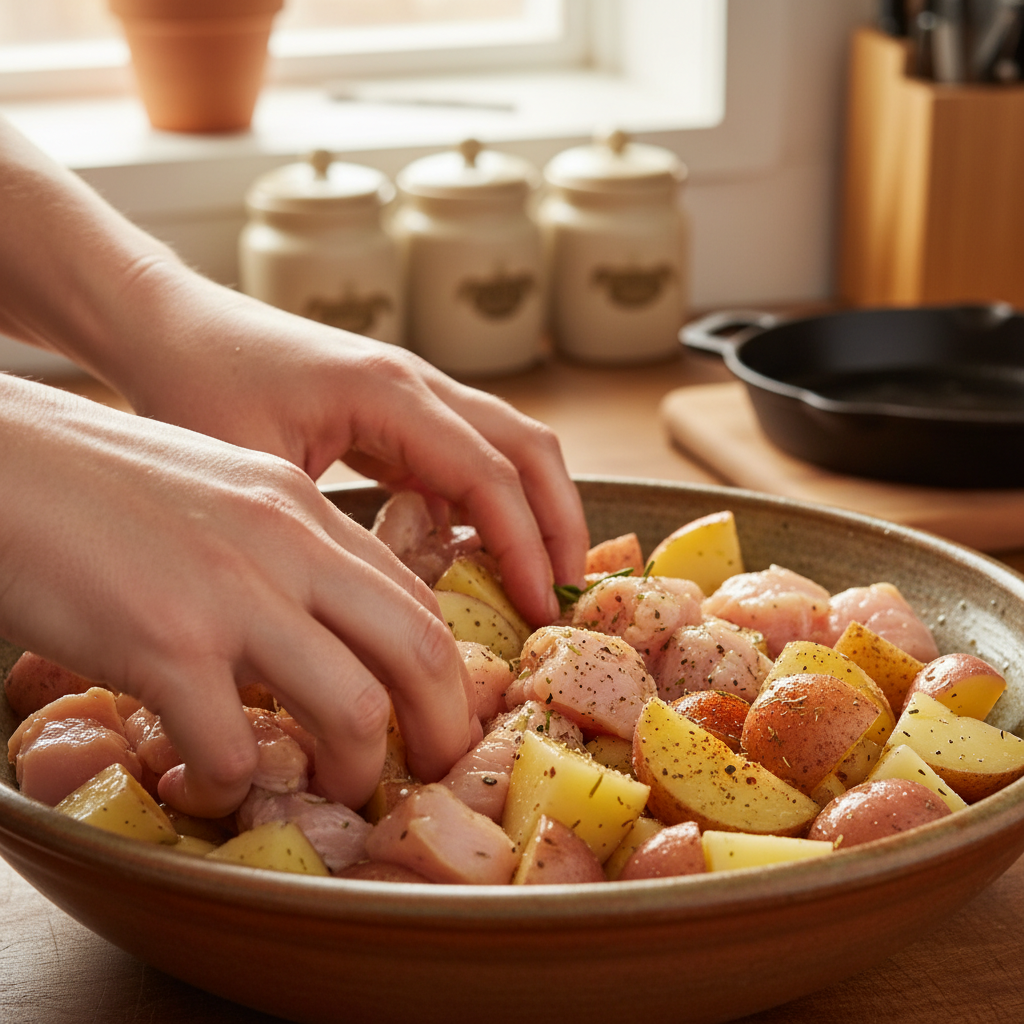 Chicken coated with flour and cooking in pan