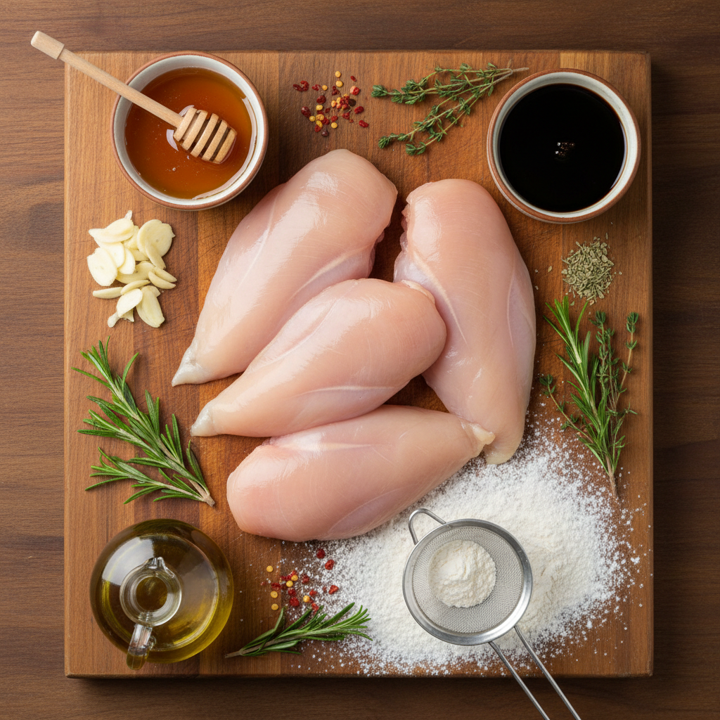 Ingredients for Honey Garlic Chicken laid out on a table