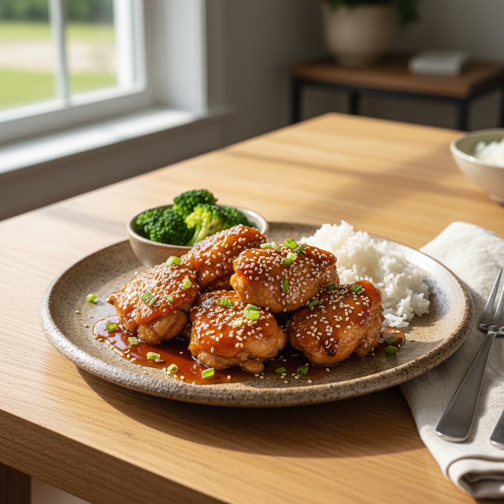 Honey Garlic Chicken served with vegetables and rice