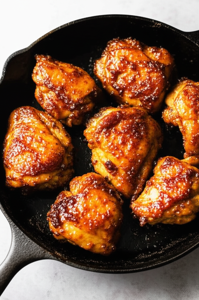 Honey Garlic Chicken plated with rice and garnish