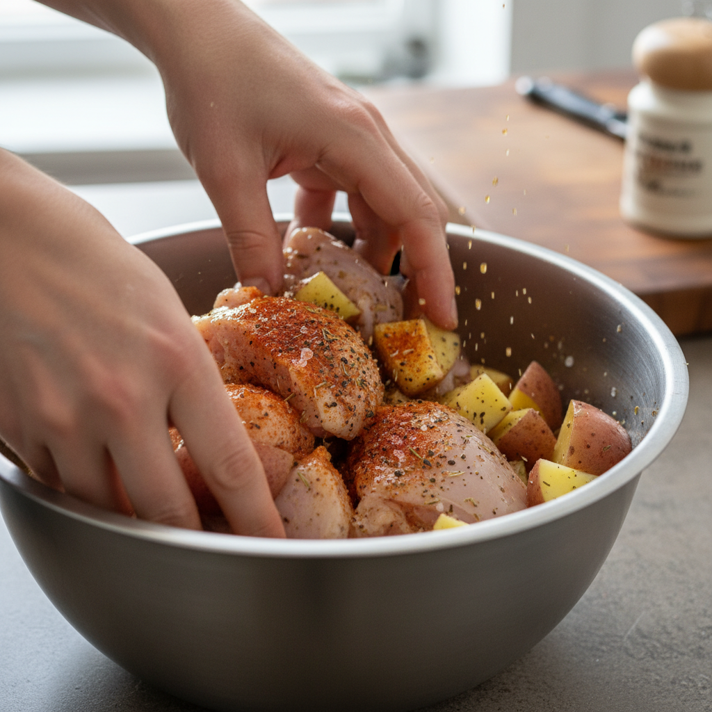 Searing chicken in skillet for Honey Garlic Chicken