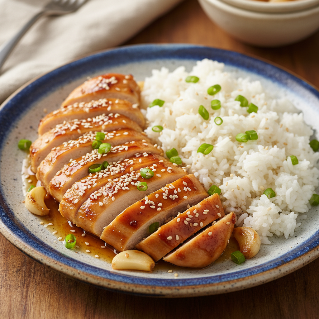 Honey Garlic Chicken served with vegetables and rice