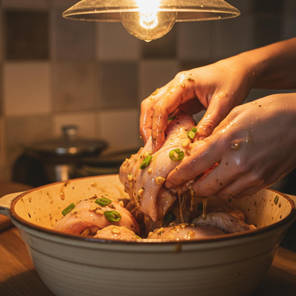 Chicken thighs marinating in honey garlic sauce in bowl
