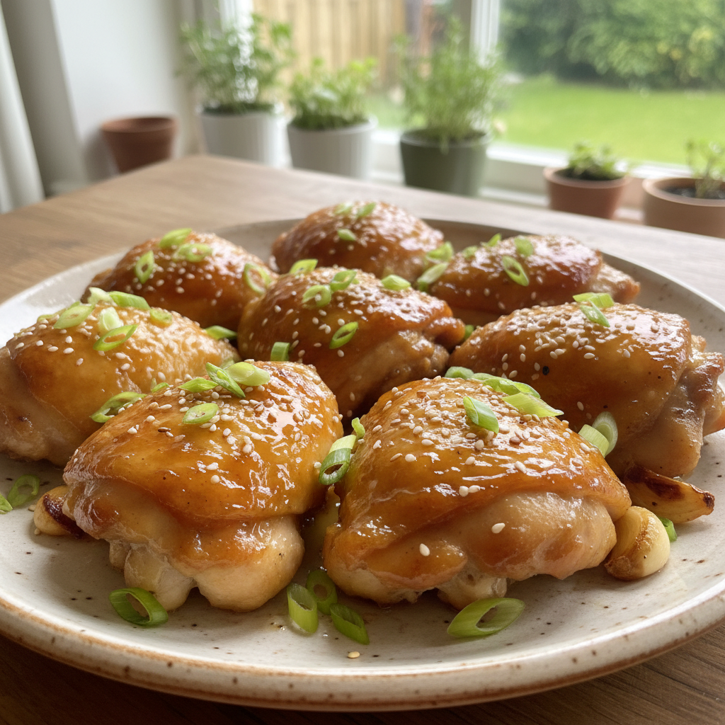 Honey Garlic Chicken Thighs served with rice and garnishes on plate