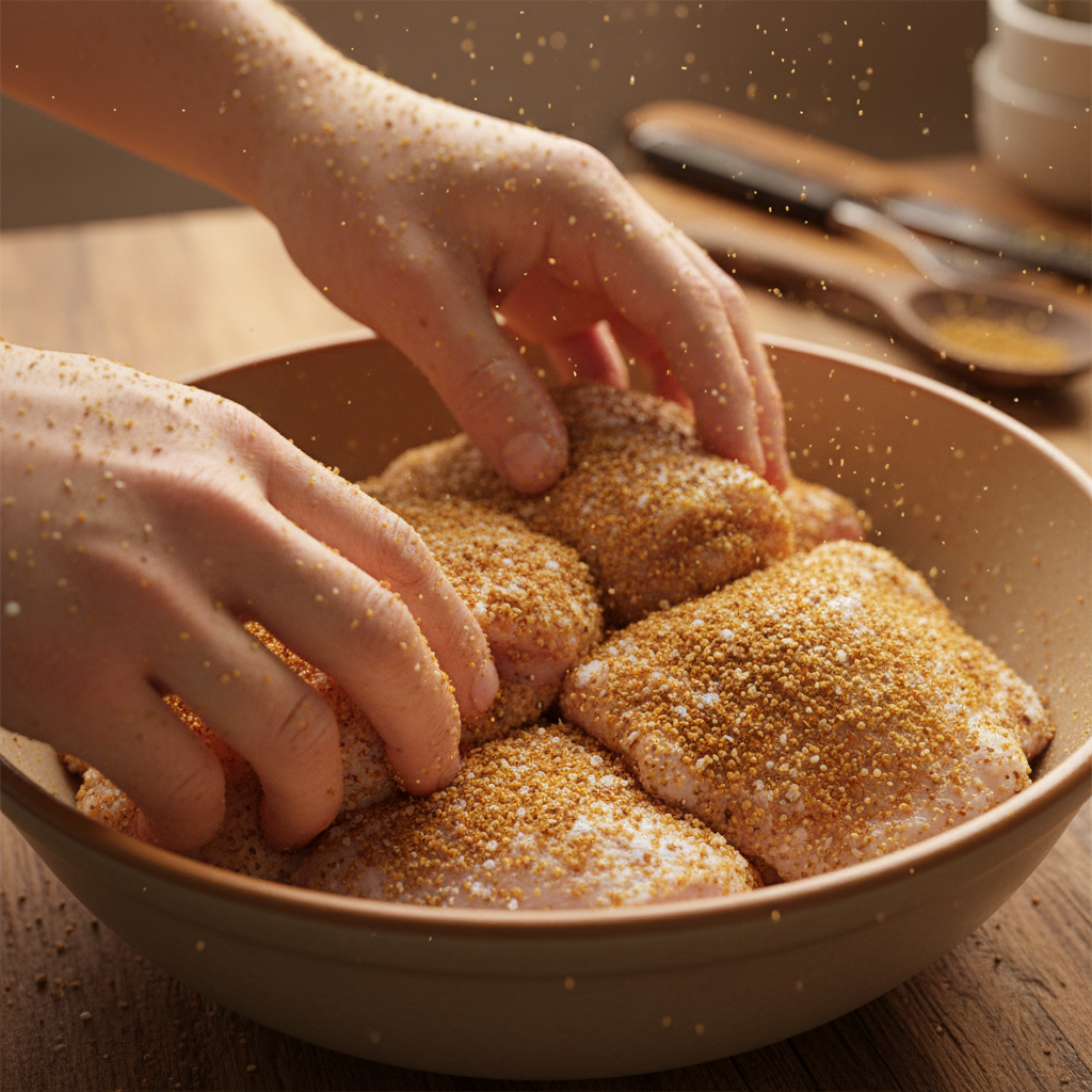 Chicken cooking golden brown in a pan