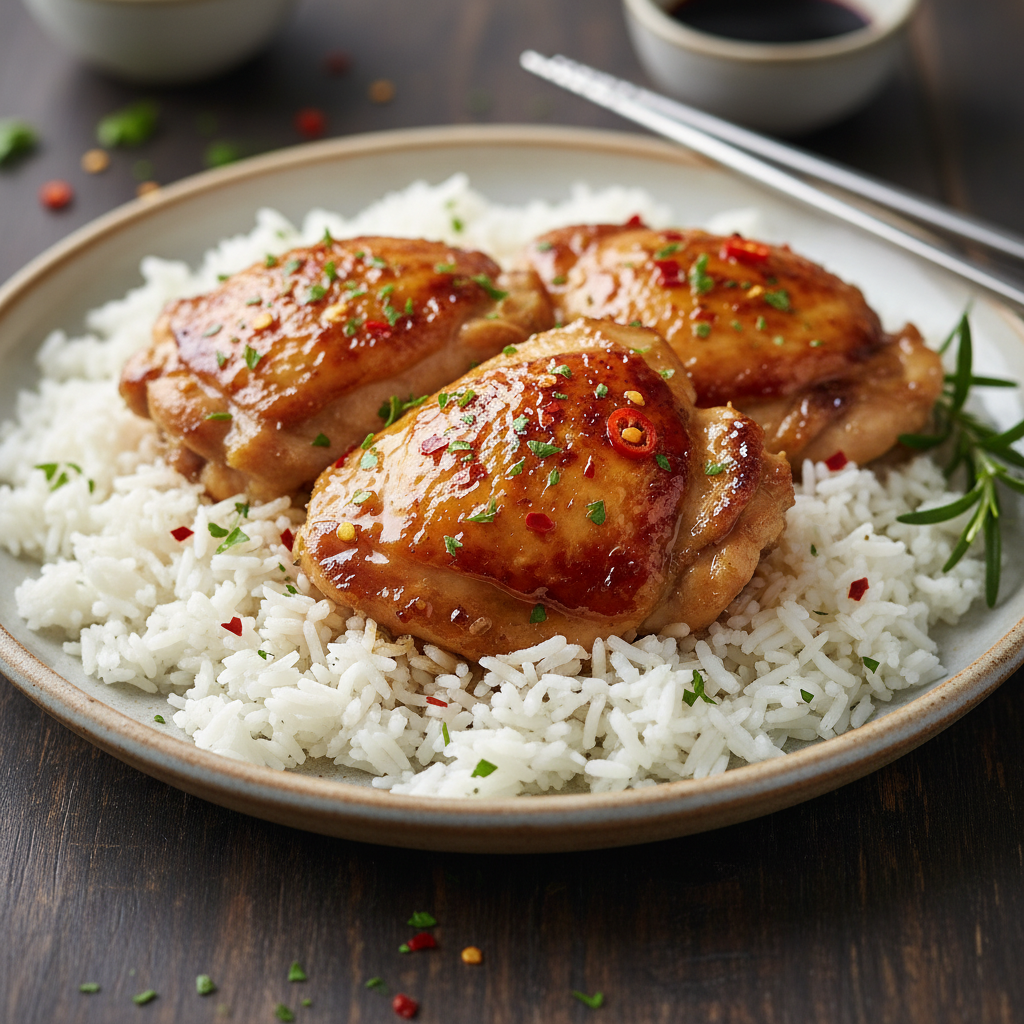 Served honey garlic chicken with rice and garnishes
