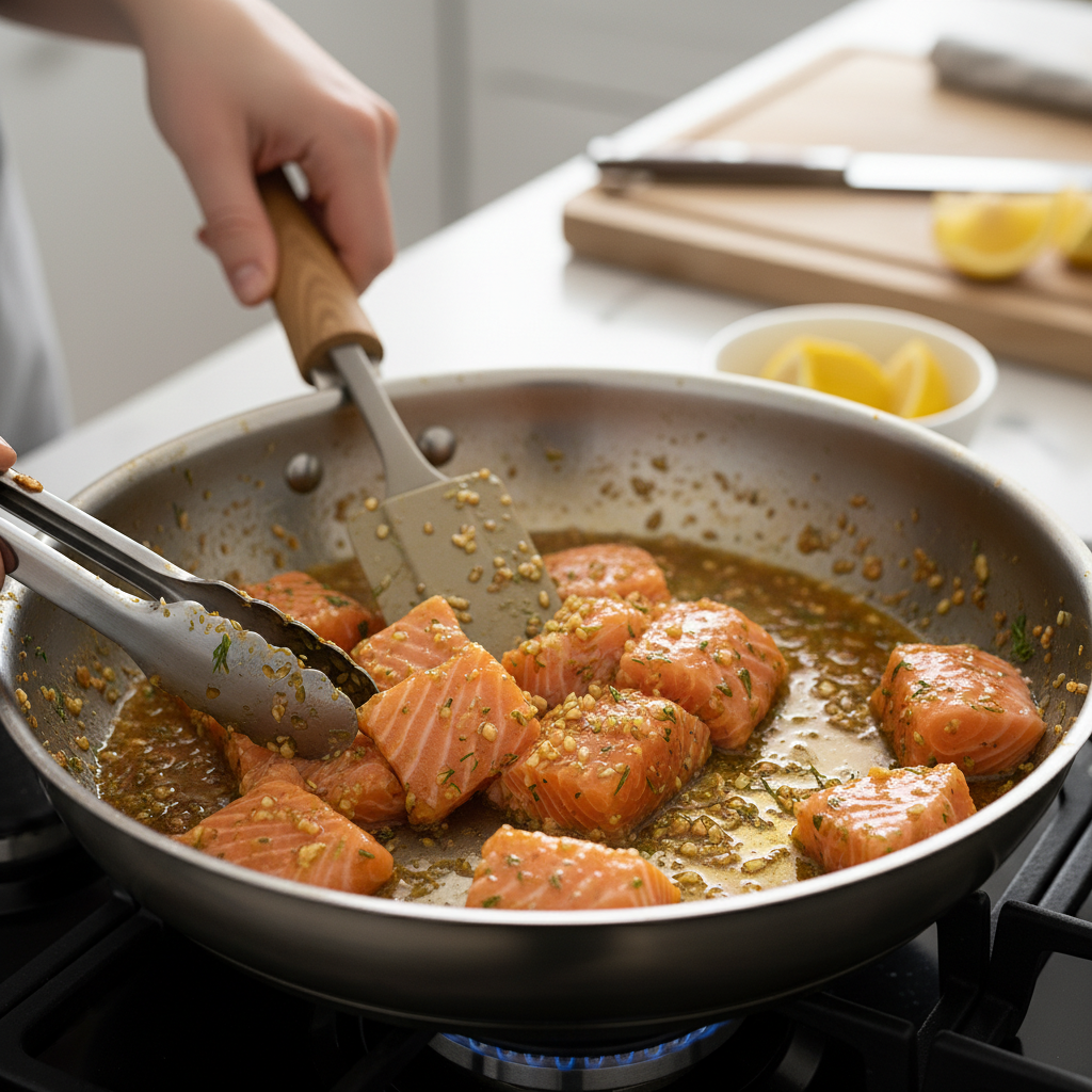 Cooking salmon sauce in skillet