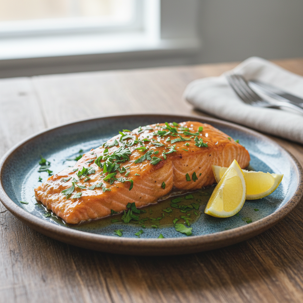 Finished glazed salmon meal served with garnish