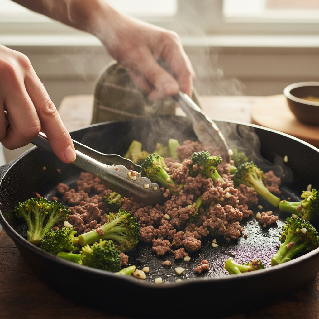 Ground beef browning in skillet for Honey Garlic Ground Beef with Broccoli