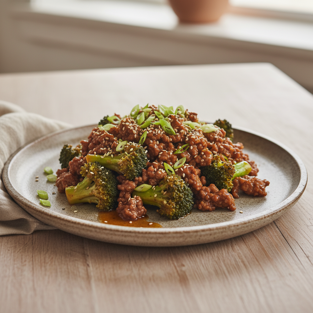 Honey Garlic Ground Beef with Broccoli served on plate
