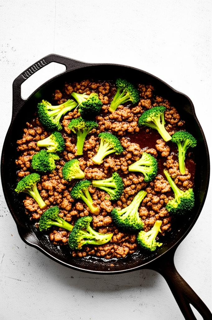 Honey Garlic Ground Beef with Broccoli cooking in a pan