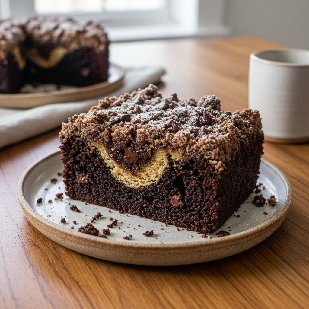 Delicious slice of Chocolate Espresso Coffee Cake on a plate