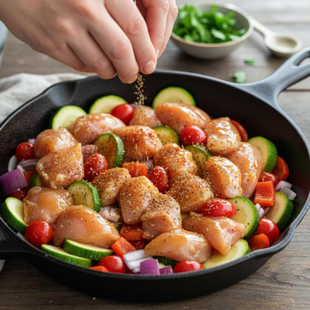 Skillet with cooked chicken and vegetables prepared for baking