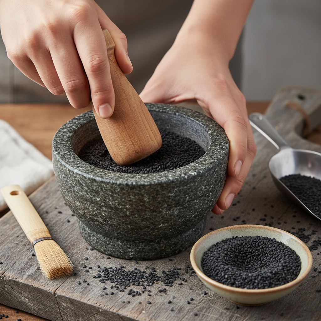Grinding toasted black sesame seeds into fine powder