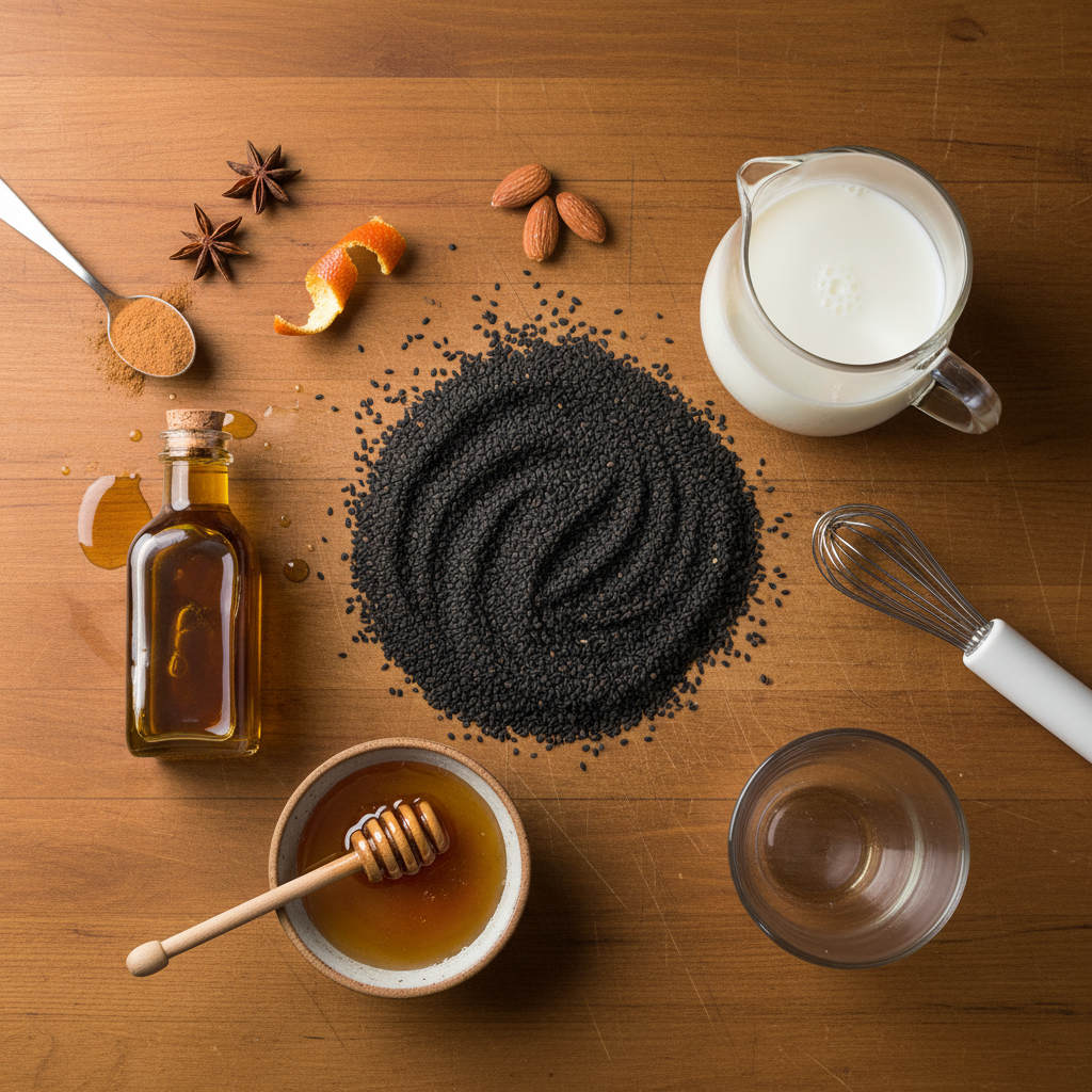 Ingredients laid out for black sesame latte