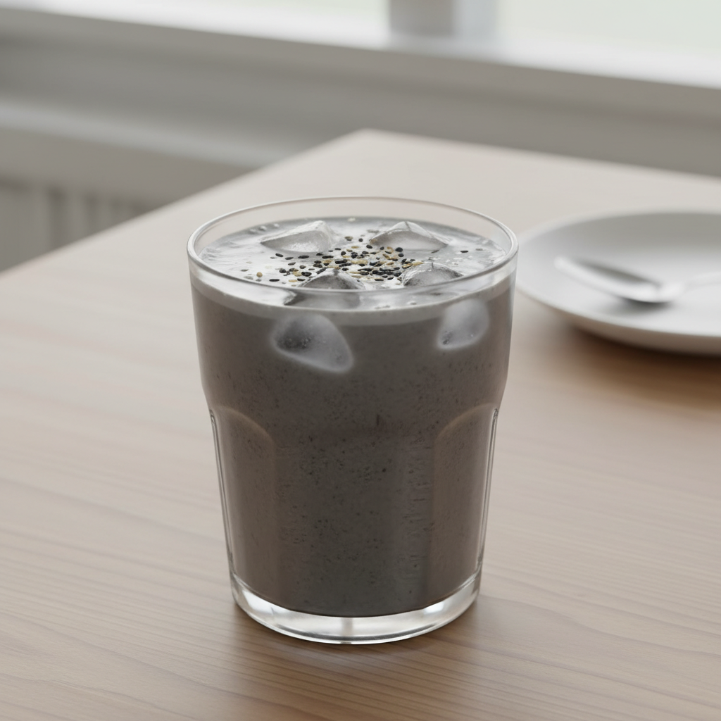 Assembled black sesame latte with garnish