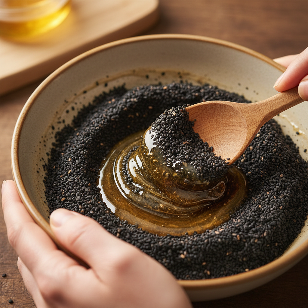 Mixing roasted black sesame seeds and honey into a paste