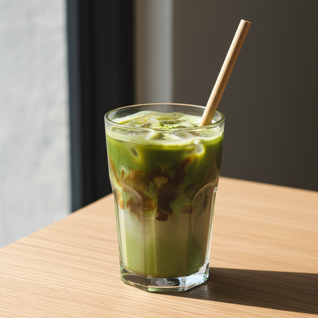 Iced brown sugar matcha latte swirling emerald and caramel mix