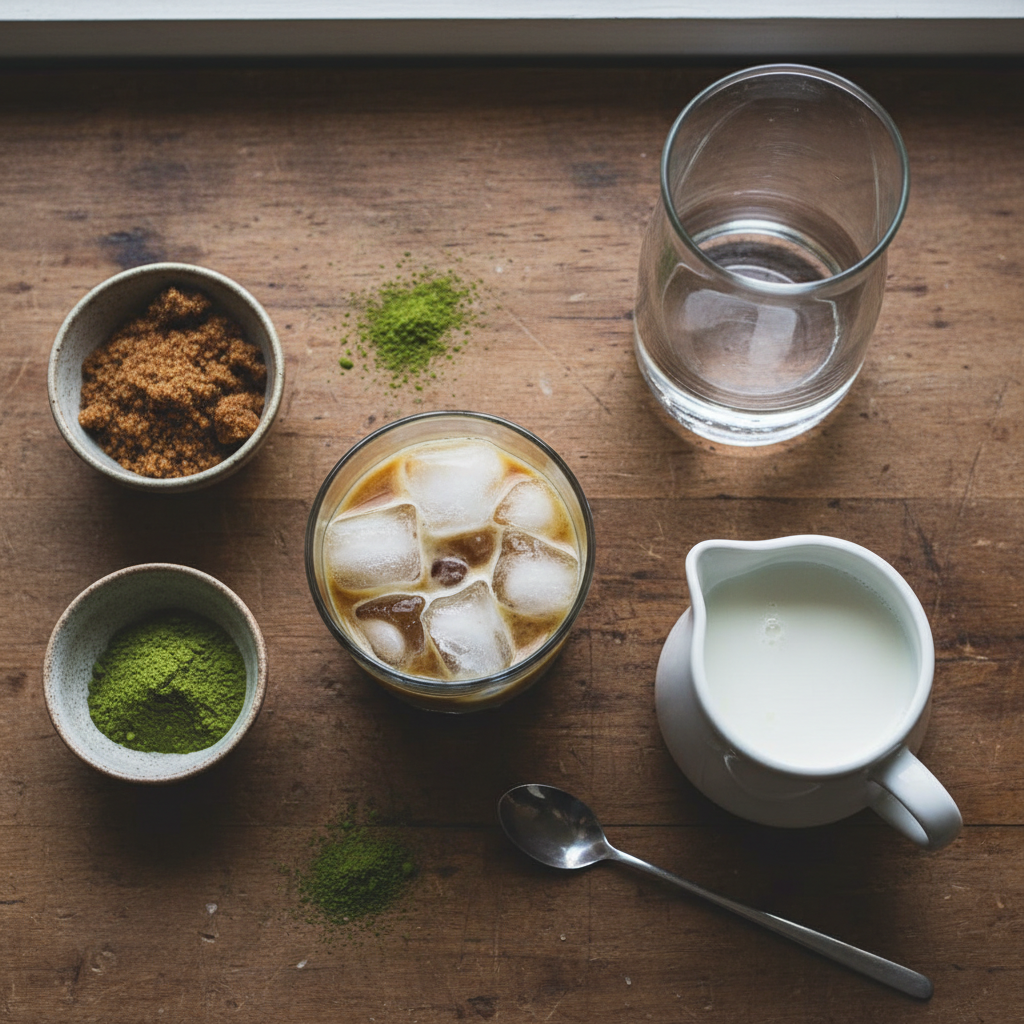 Ingredients and equipment for iced brown sugar matcha latte