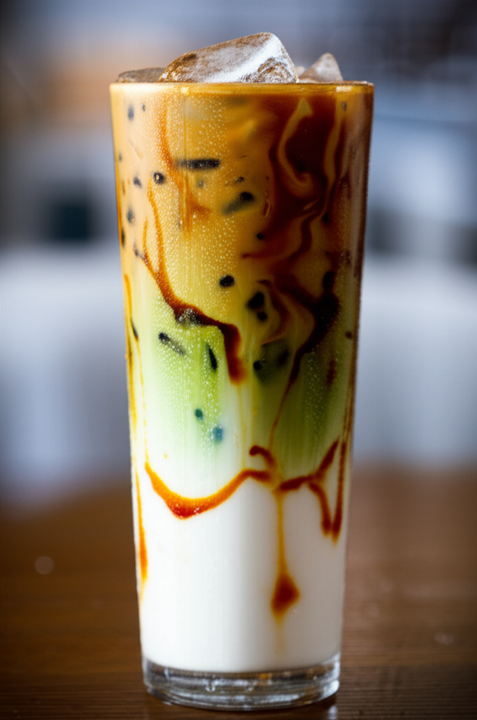 Iced brown sugar matcha latte in a glass