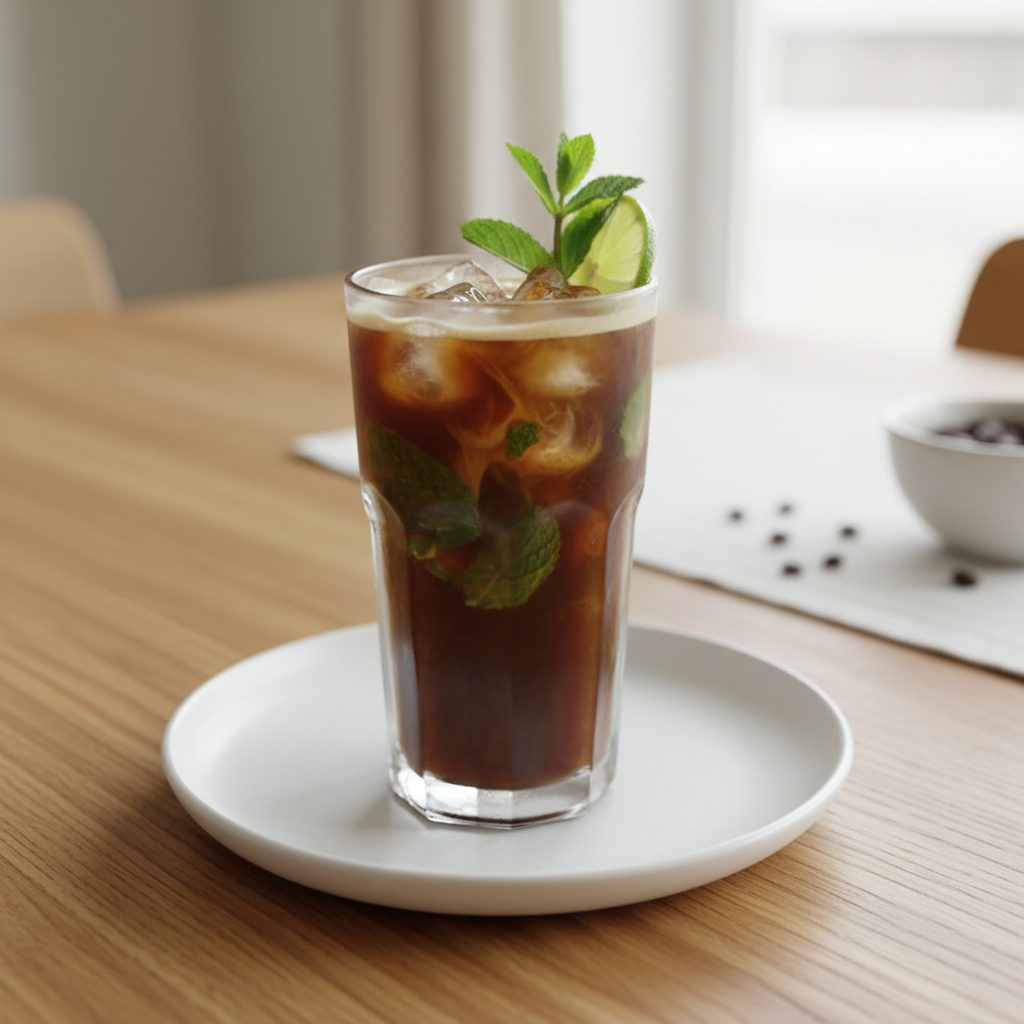 Refreshing finished Iced Coffee Mojito with garnishes
