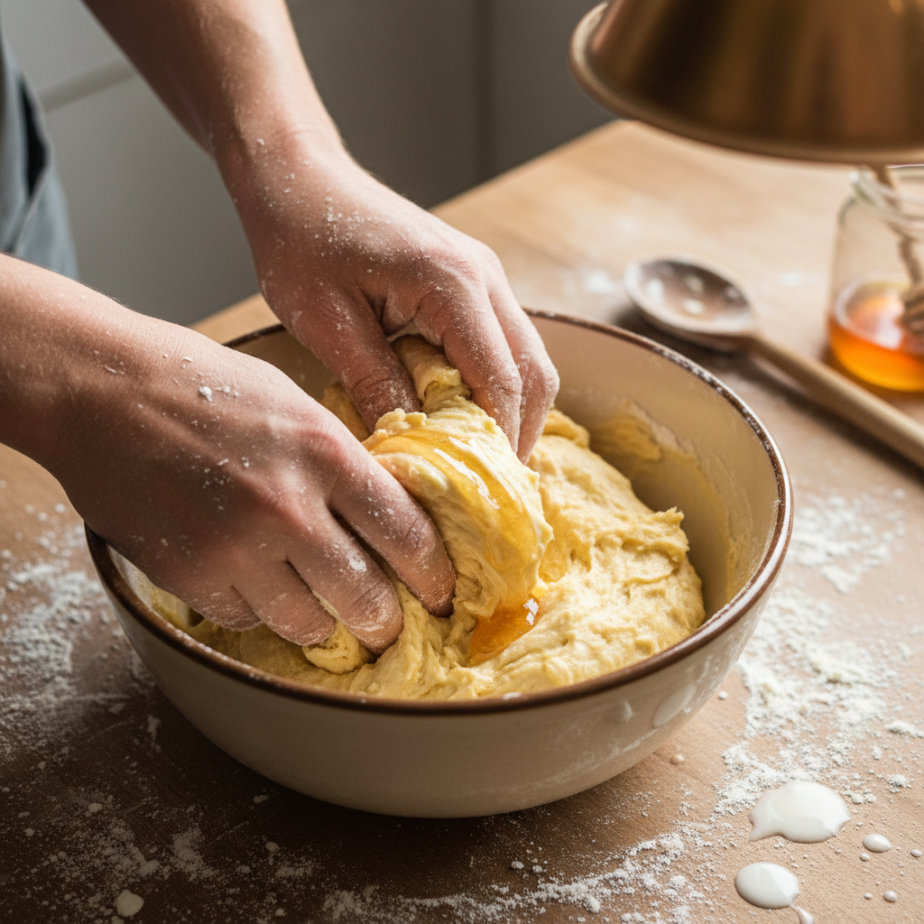 Honey buttermilk bread dough mixture beginning formation