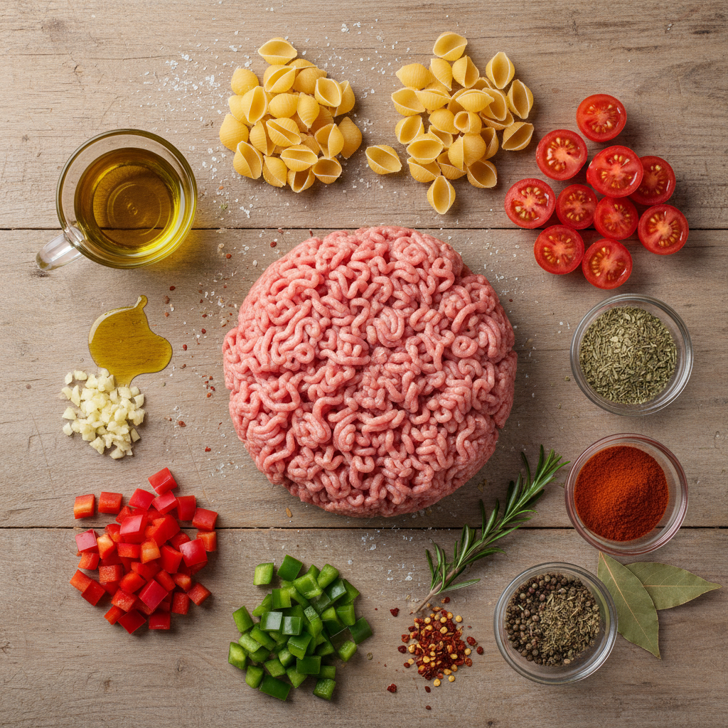 Ingredients for ground turkey pasta recipe