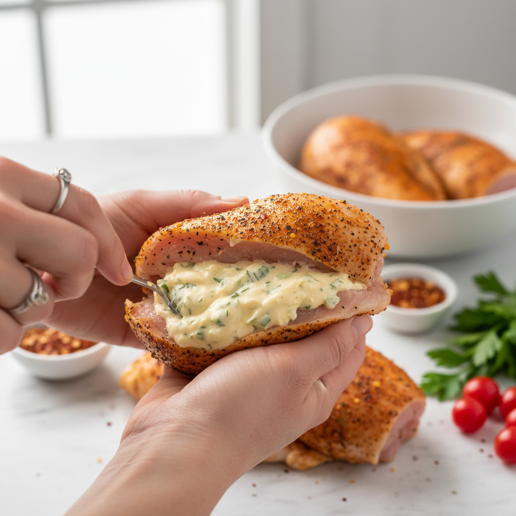 Chicken breasts stuffed and closed with toothpicks