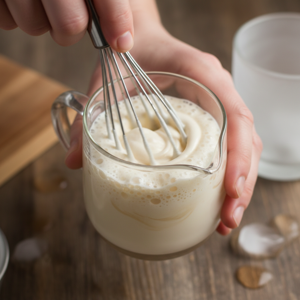 Cream mixture being stirred and starting to foam