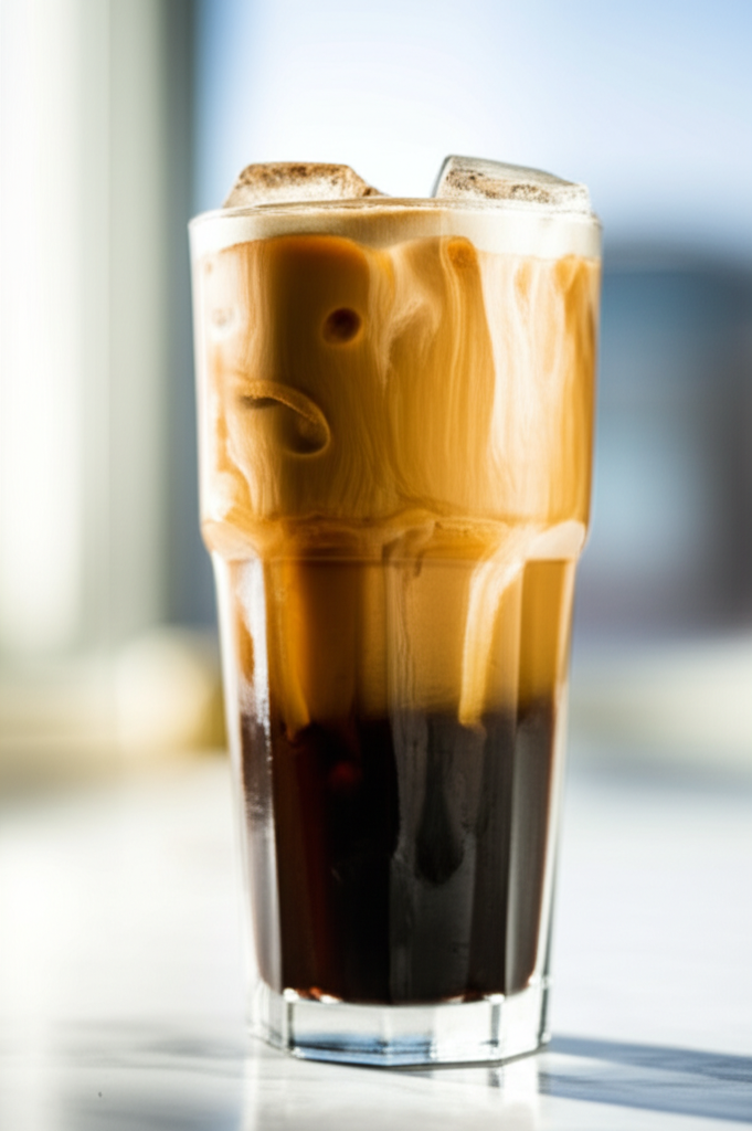Irish Cream Cold Brew in a glass with cream and coffee layers