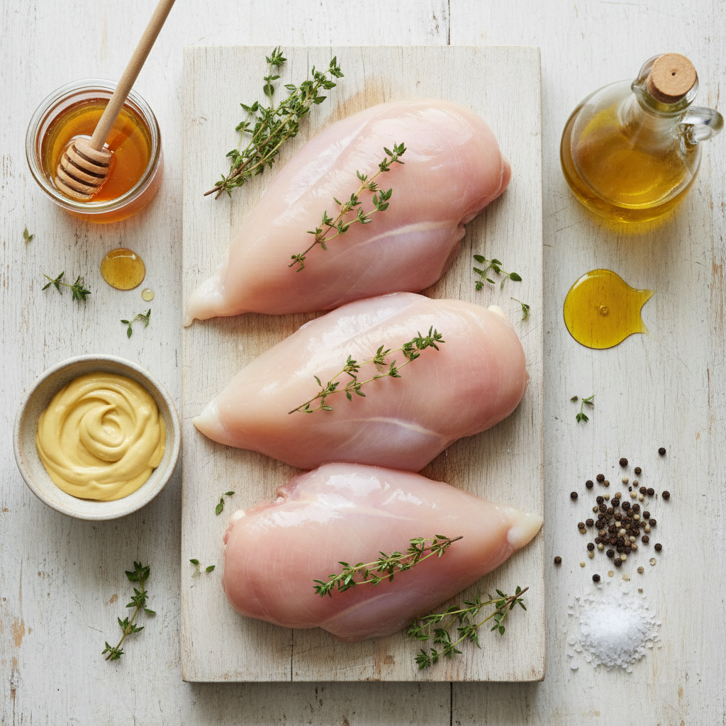 Ingredients for honey Dijon chicken laid out