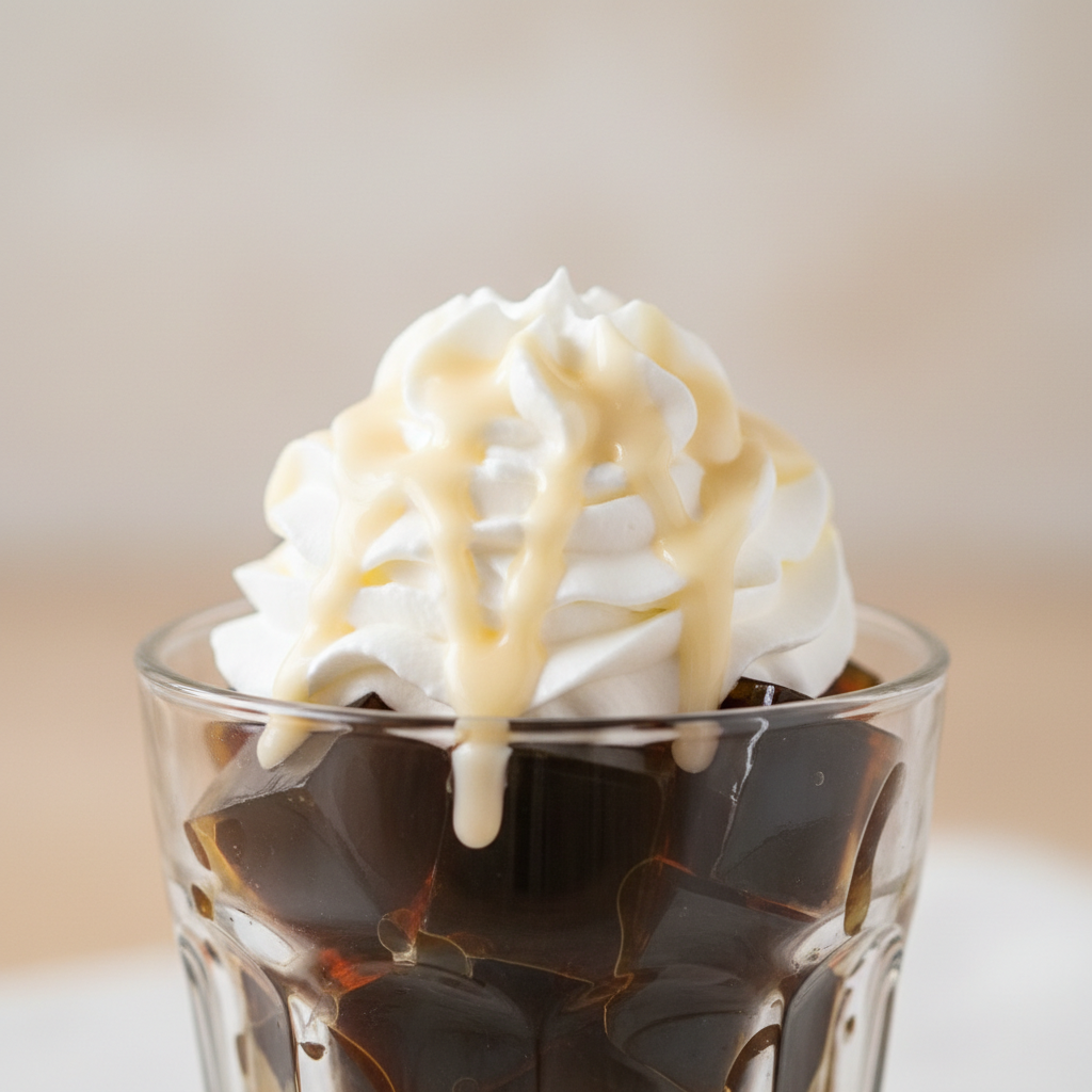 Coffee jelly cubes served in glasses with whipped cream