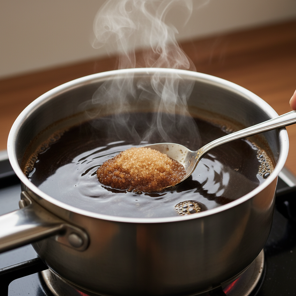 Warming coffee and mixing sugar in pot on stove