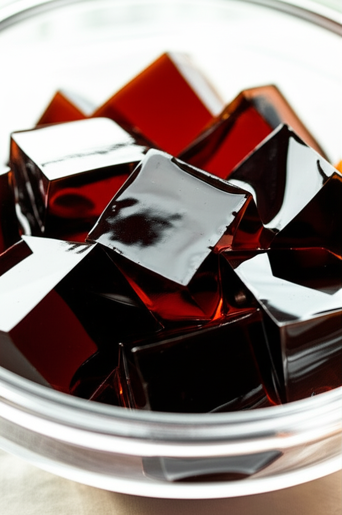 Japanese coffee jelly dessert in a glass with cream topping