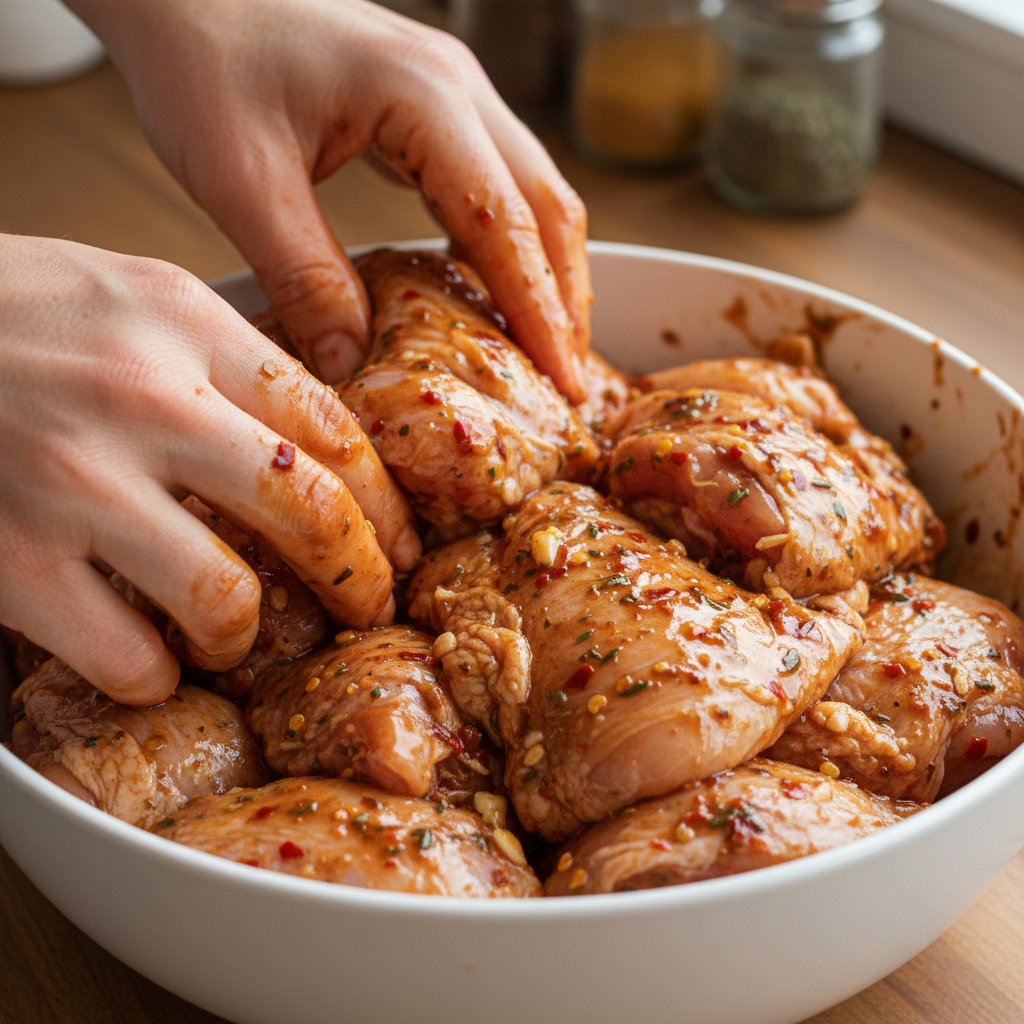 Chicken marinating in plastic bag with sauce
