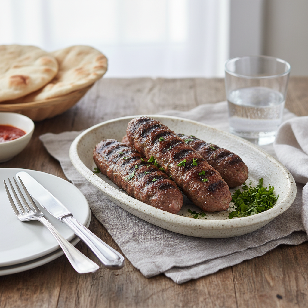 Finished grilled beef Kafta Kebabs ready to serve