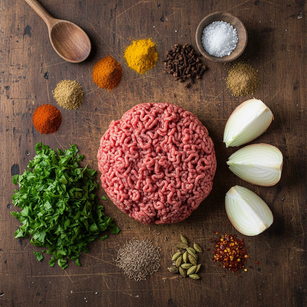 Ingredients for Kafta Kebabs on table