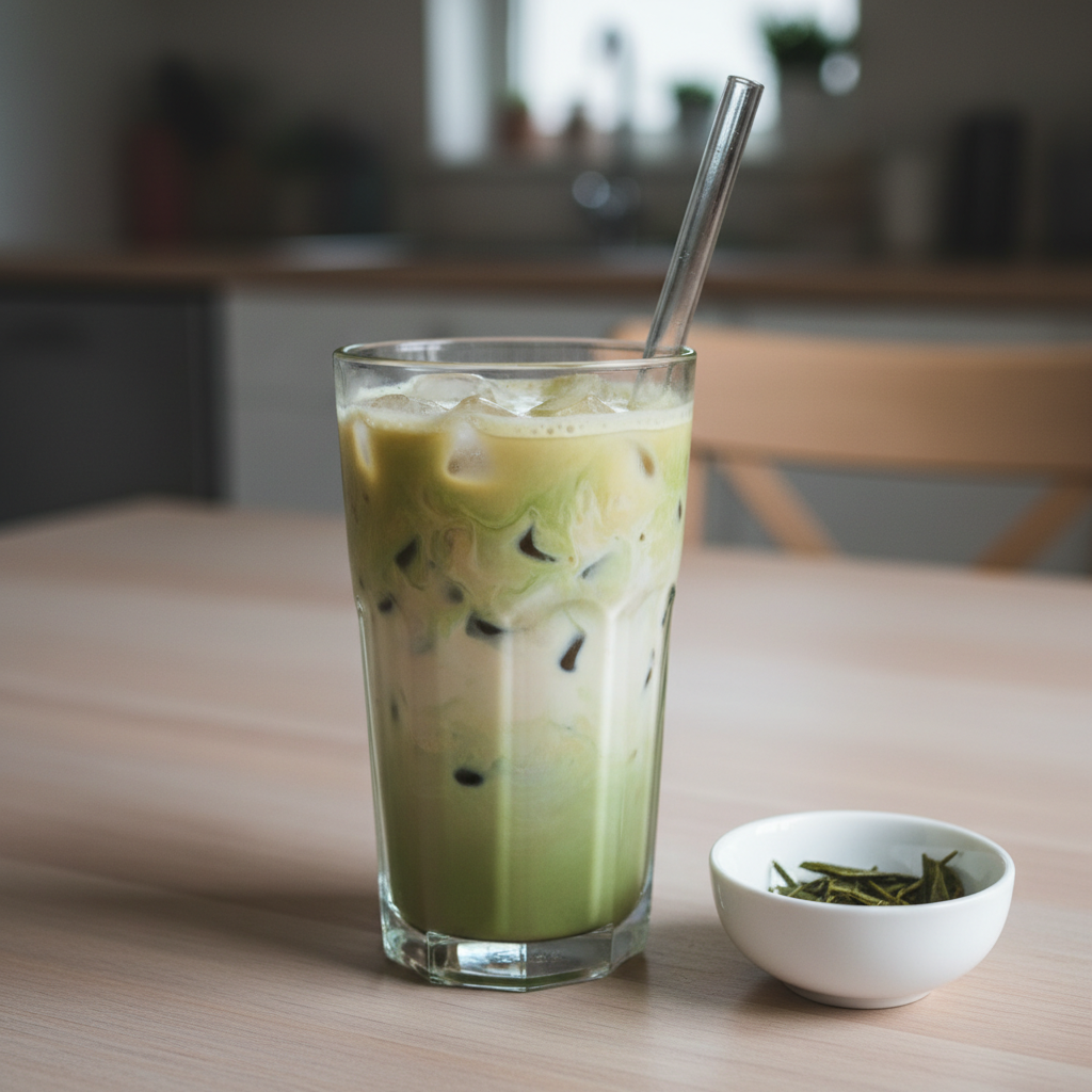 Keto Matcha Iced Coffee glass with straw