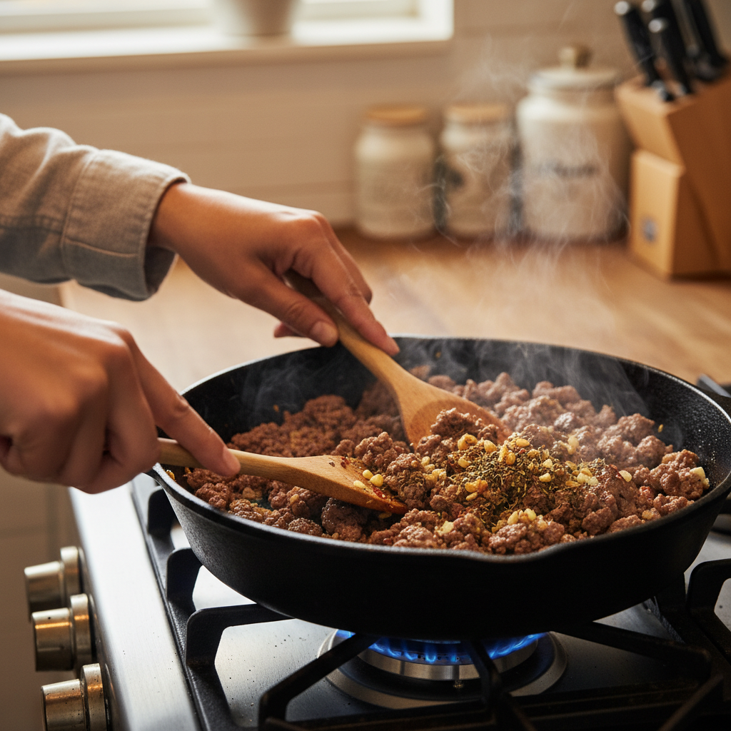Ground beef cooking in skillet