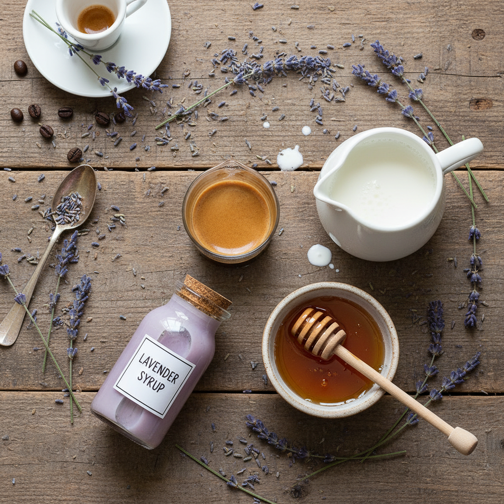 Ingredients for lavender latte including coffee and lavender syrup
