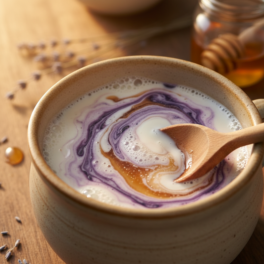 Preparing lavender latte milk frothing step