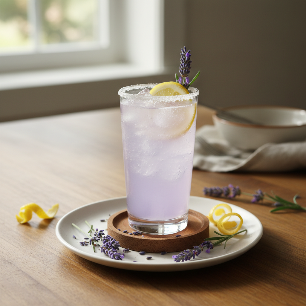 Glass of Lavender Lemon Collins with lemon and lavender garnish
