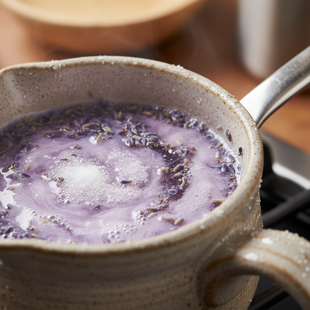 Pot on stove making lavender simple syrup