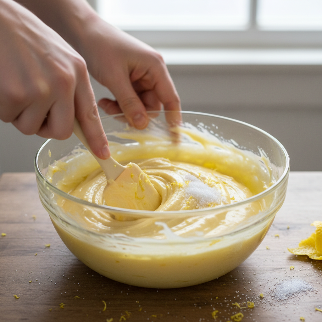 Mixing lemon brownie batter in bowl