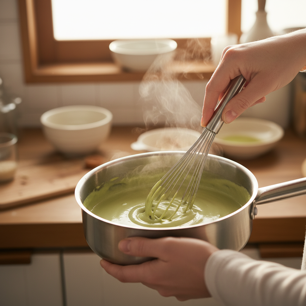 Mixing milk, cream, maple syrup, cornstarch, salt, and matcha powder inside a medium saucepan