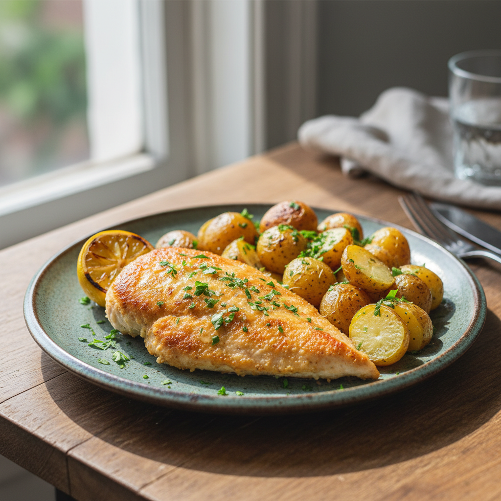 Vegetables with lemon chicken in skillet