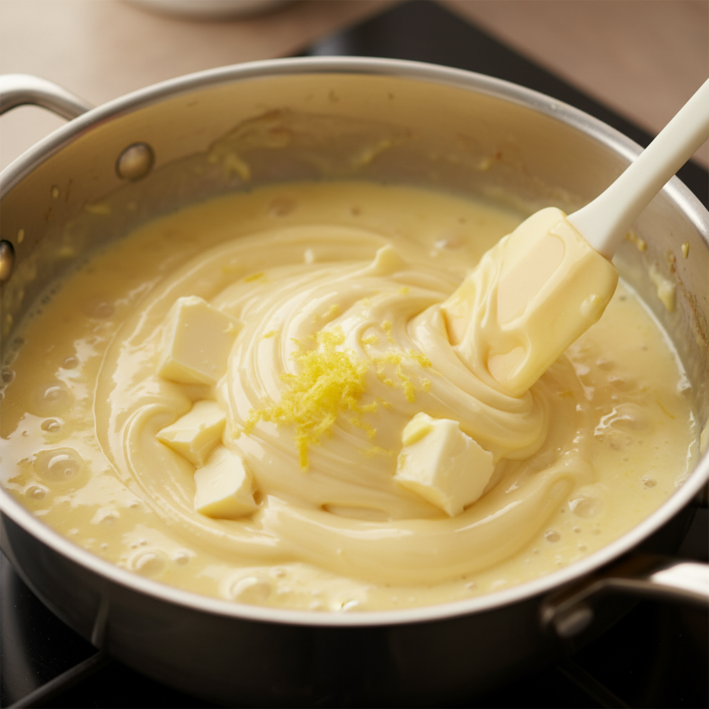 Mixing lemon fudge ingredients in pot