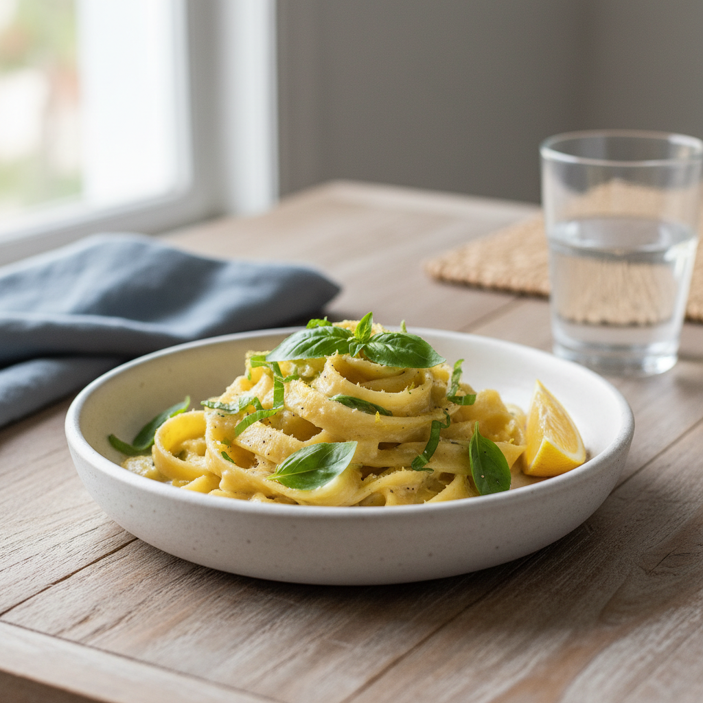 Final served Lemon Ricotta Pasta garnished with herbs